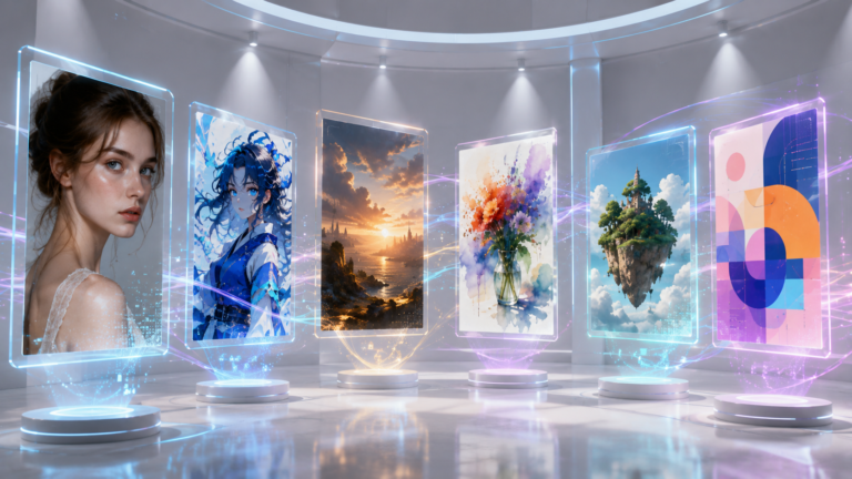 Best AI Image Generators comparison showing multiple AI-generated art styles in a futuristic gallery.