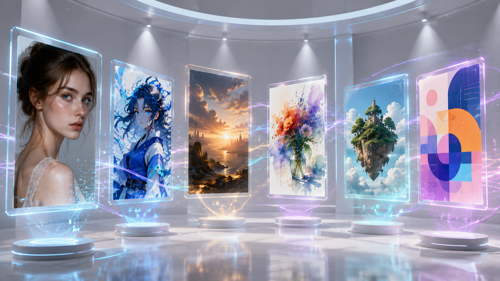 Best AI Image Generators comparison showing multiple AI-generated art styles in a futuristic gallery.