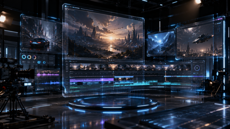 Runway AI Review showing futuristic AI video editing interface with cinematic video generation.