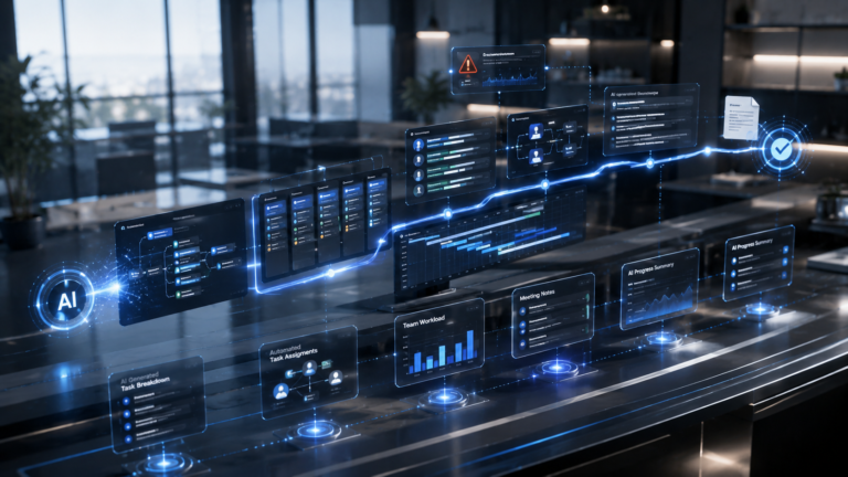 Best AI Project Management Tools in 2026 showing AI task planning, project automation, timelines, and team collaboration.