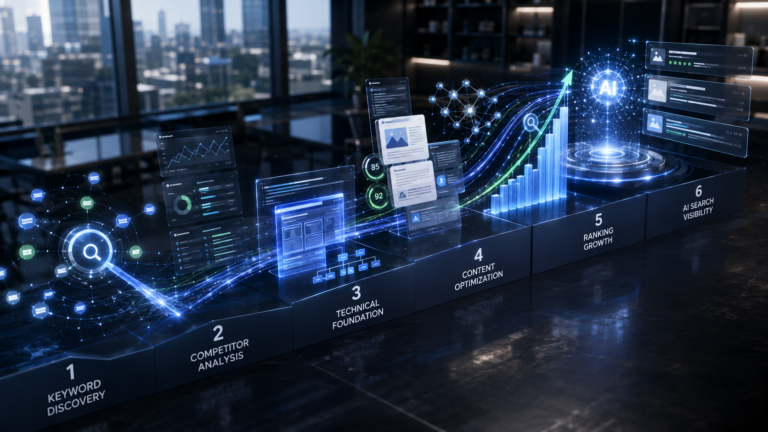 A premium modern digital marketing workspace visualizing an AI-powered SEO growth system for a small business. Create a dynamic diagonal composition showing a search engine results landscape transforming into a connected SEO strategy: keyword discovery nodes on one side, competitor analysis and technical website signals in the center, optimized content and search rankings moving upward through the scene, and AI search visibility signals appearing toward the final destination. Include subtle visual representations of keyword clusters, website crawl paths, content optimization, backlink networks, ranking charts, and AI search responses. Use varied spatial depth, different object scales, and an editorial perspective rather than multiple identical floating dashboard panels. Sophisticated navy, white, blue, silver and subtle green accents, premium SaaS technology magazine aesthetic, ultra-realistic editorial photography, cinematic depth of field, soft natural daylight, highly detailed, professional digital marketing atmosphere, dynamic 16:9 composition, no people, no readable text, no logos, no watermark, no laptops.