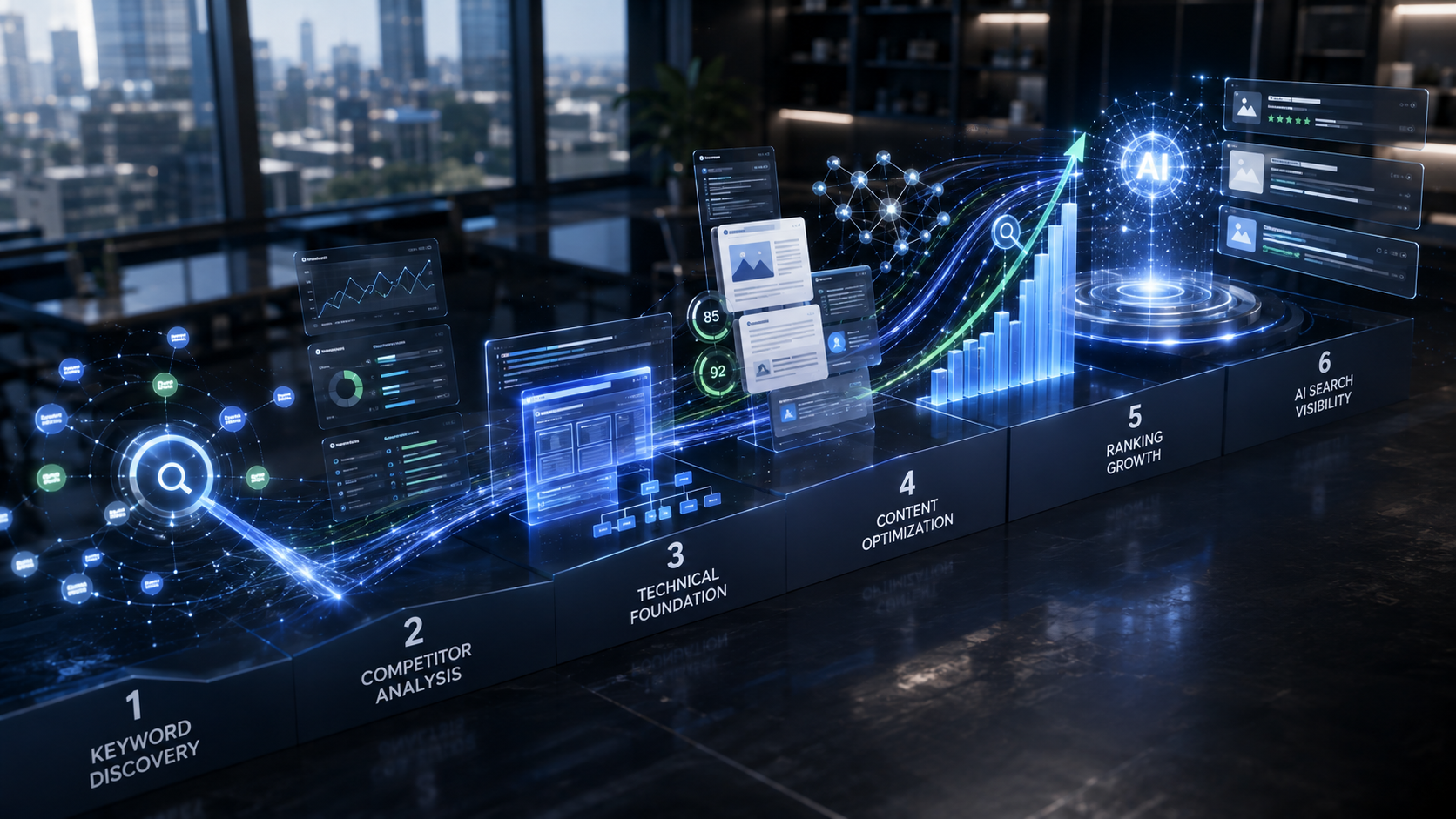 A premium modern digital marketing workspace visualizing an AI-powered SEO growth system for a small business. Create a dynamic diagonal composition showing a search engine results landscape transforming into a connected SEO strategy: keyword discovery nodes on one side, competitor analysis and technical website signals in the center, optimized content and search rankings moving upward through the scene, and AI search visibility signals appearing toward the final destination. Include subtle visual representations of keyword clusters, website crawl paths, content optimization, backlink networks, ranking charts, and AI search responses. Use varied spatial depth, different object scales, and an editorial perspective rather than multiple identical floating dashboard panels. Sophisticated navy, white, blue, silver and subtle green accents, premium SaaS technology magazine aesthetic, ultra-realistic editorial photography, cinematic depth of field, soft natural daylight, highly detailed, professional digital marketing atmosphere, dynamic 16:9 composition, no people, no readable text, no logos, no watermark, no laptops.