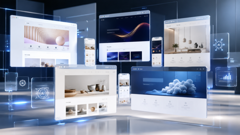 Best AI Website Builders in 2026 (Free & Paid) 1 Best AI Website Builders comparison showing multiple AI-generated website designs.