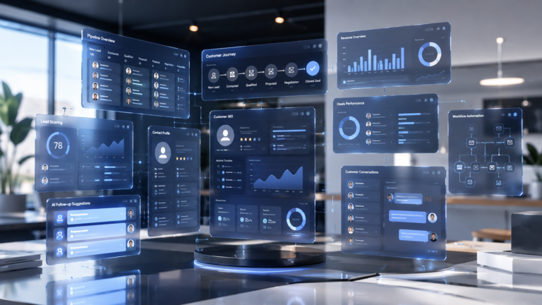 Best AI CRM Software for Small Business showing AI-powered sales pipelines and customer management dashboards.