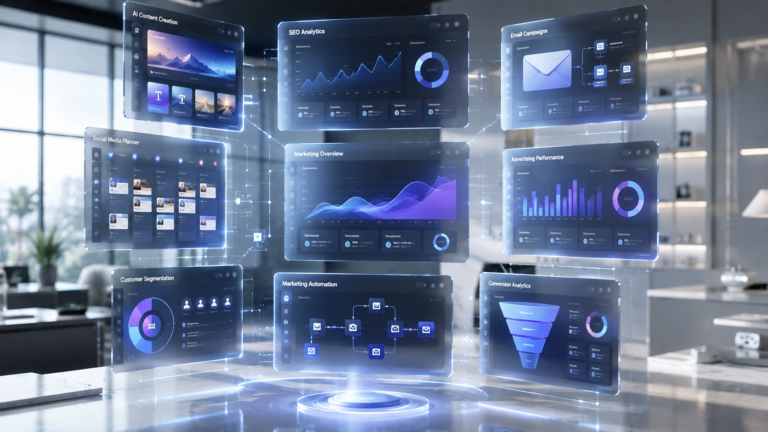 Best AI Marketing Tools for Small Business showing AI-powered marketing dashboards and automation.